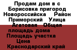 Продам дом в с,Борисовка(пригород Новороссийска) › Район ­ Приморский › Улица ­ Агатовая › Общая площадь дома ­ 100 › Площадь участка ­ 4 › Цена ­ 3 500 000 - Краснодарский край, Новороссийск г. Недвижимость » Дома, коттеджи, дачи продажа   . Краснодарский край,Новороссийск г.